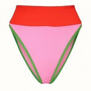 Beach Riot Colorblock Rib High Waist Bikini Bottom Pink Orange XS Swim